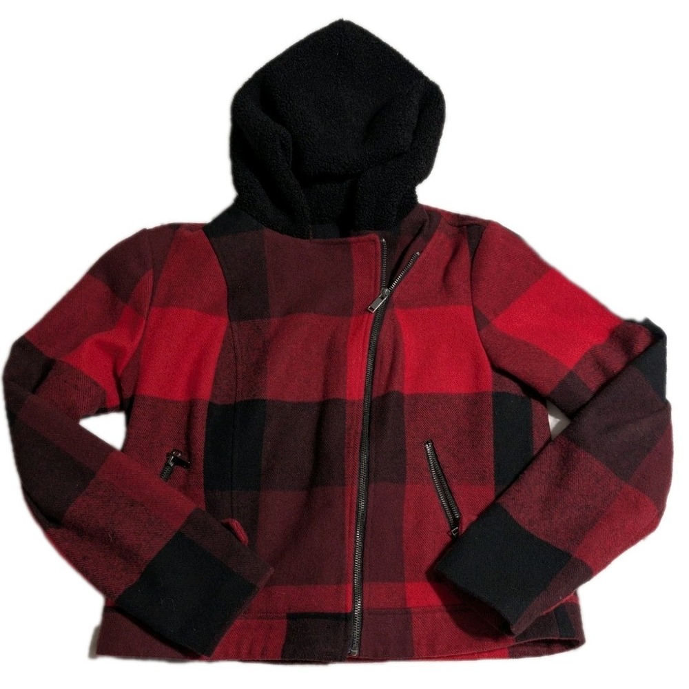 Rock & Republic Buffalo Plaid Hooded Jacket Women's Medium Red Black Sherpa Hood
